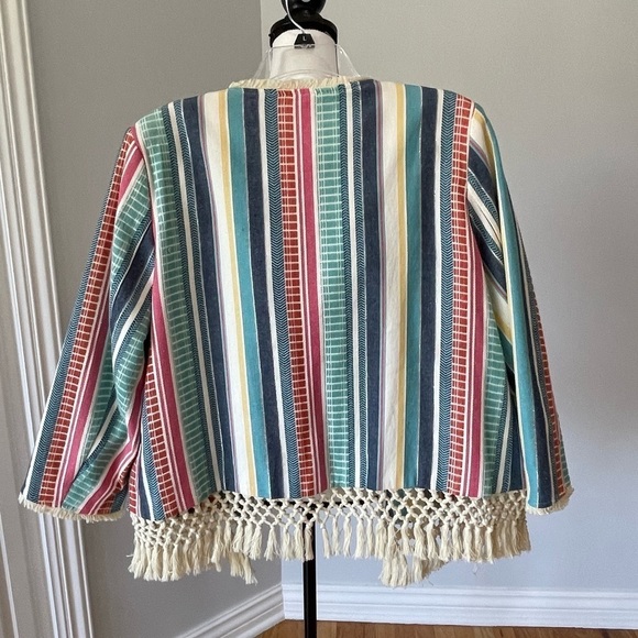 Multiples striped tassel fringe bohemian look open front jacket in a size large - Picture 3 of 16